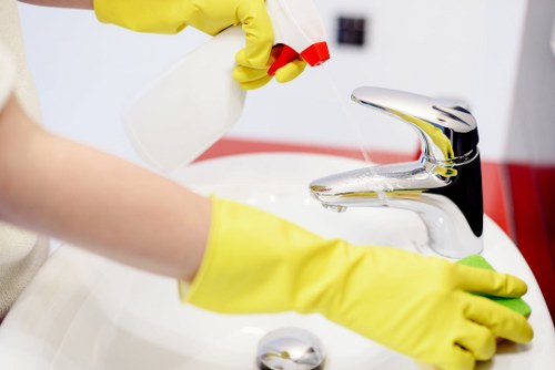 Professional home cleaner dusting a bright living room in Lambeth